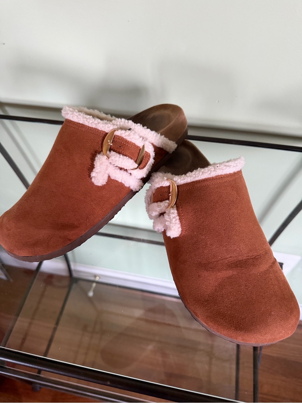 Time and Tru Rust Faux Suede Clog Mules with Pink Faux-Shearling Trim